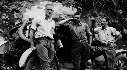 Herb Jensen, Fred Grover, Art Halloran, and a 1915 Ford on their way to Forestry Camp in 1928. The photo is part of the Fritz-Metcalf Photograph Collection, a treasure trove of historic photos of forestry at UC Berkeley